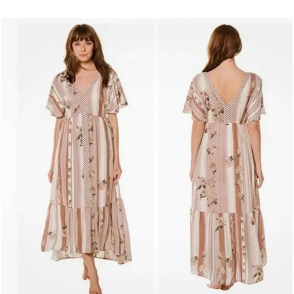O’Neill Angie Cream Brown Boho Dress Floral Stripe Large